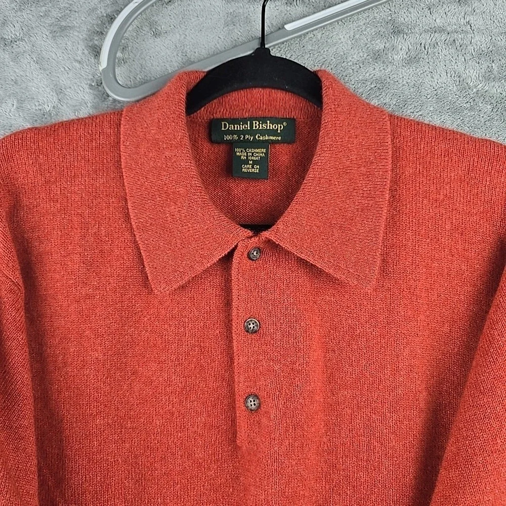 Daniel Bishop Polo Sweater Mens Medium Orange 100% Cashmere Pullover Knit Preppy